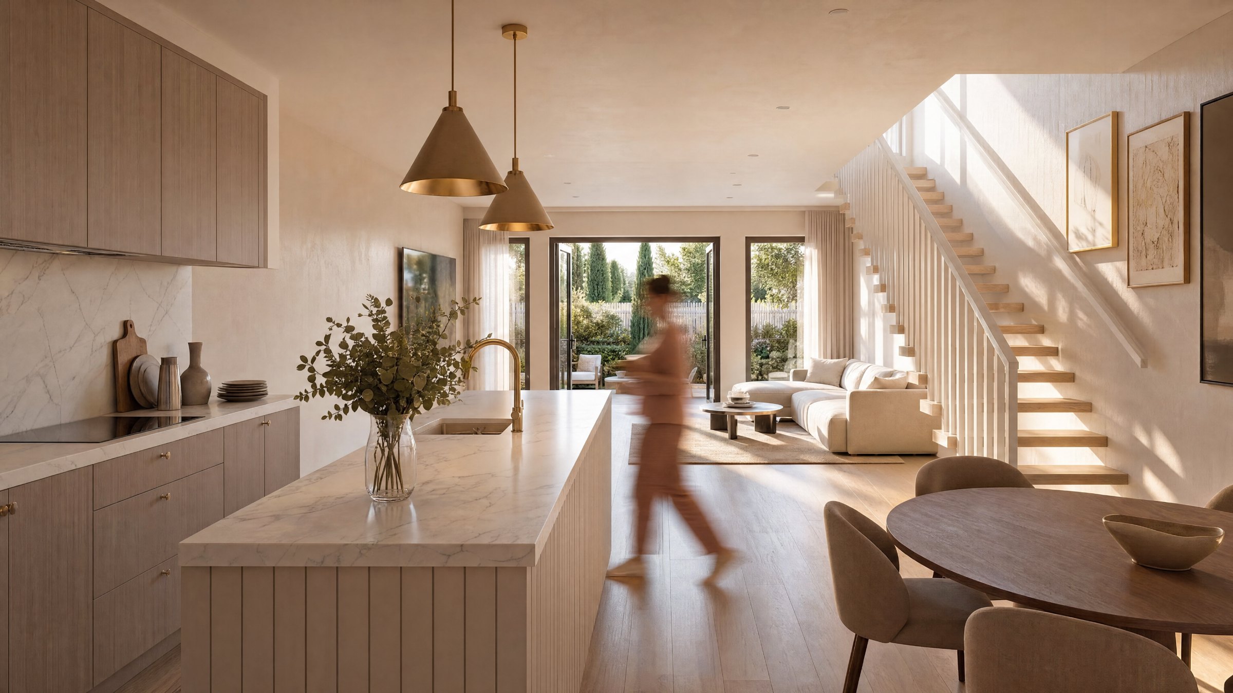 UNE — open-plan kitchen and living with garden outlook