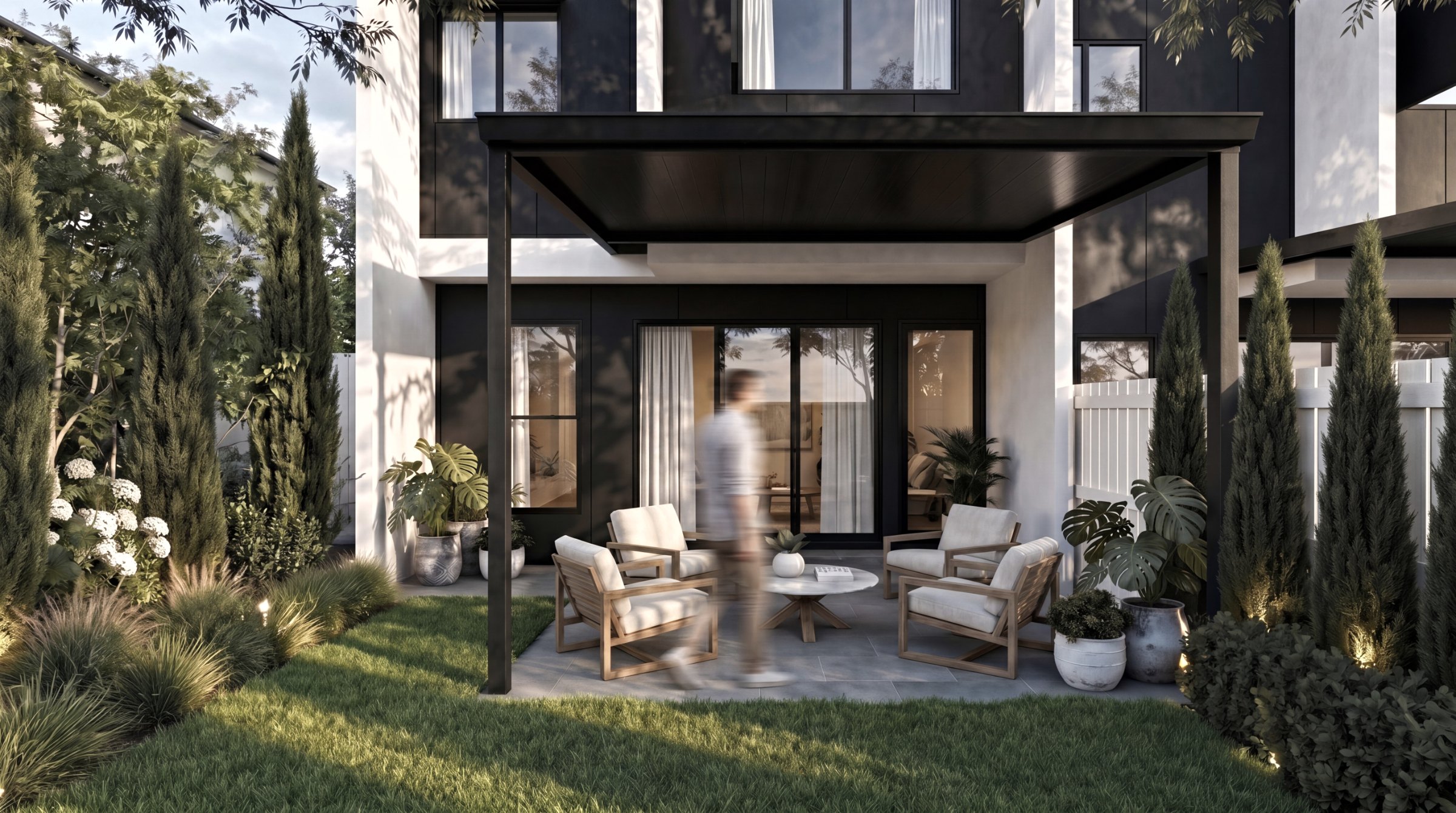 UNE — private courtyard terrace with covered alfresco lounge