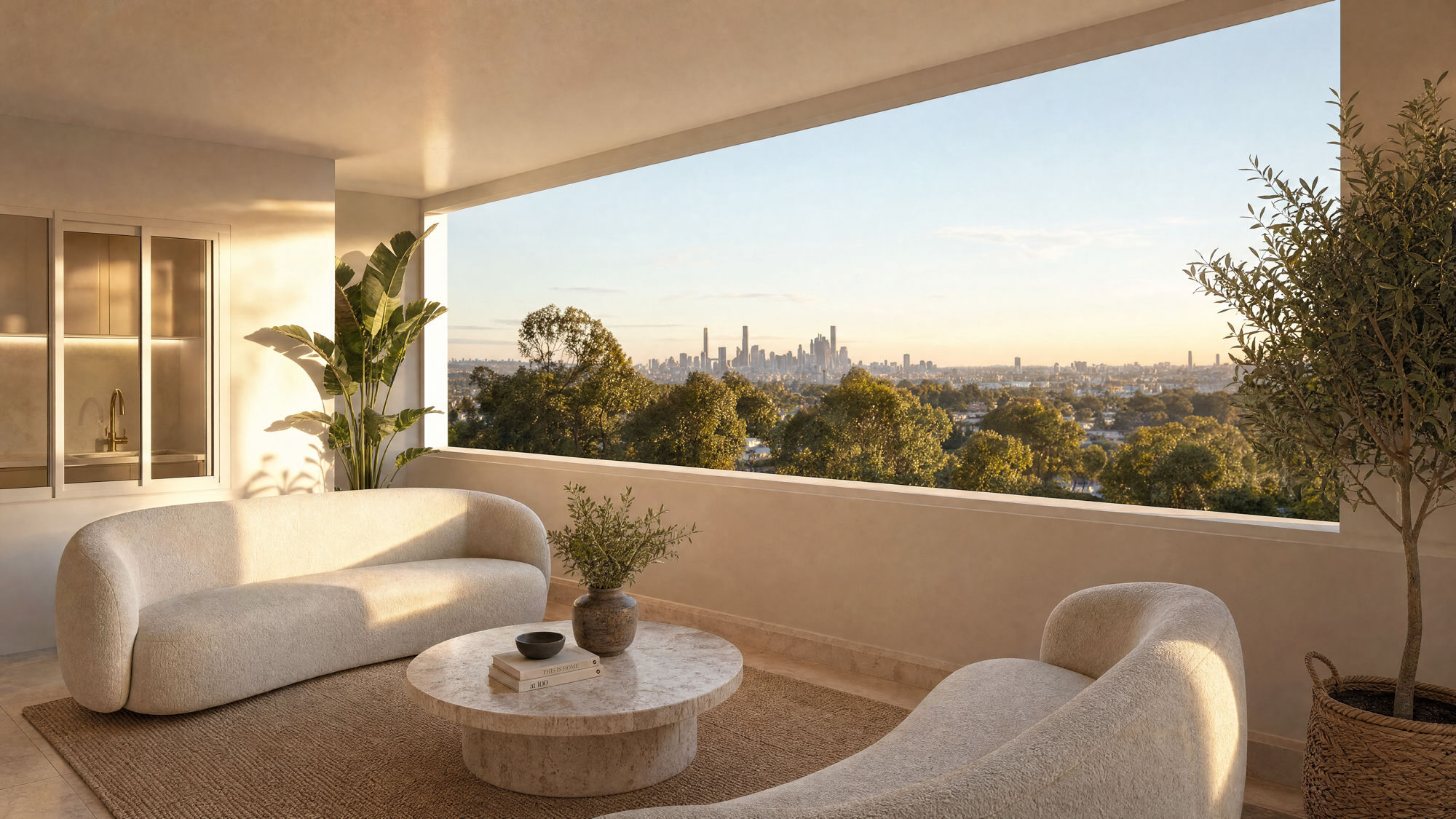 UNE — open-plan living room framing the Brisbane skyline at golden hour